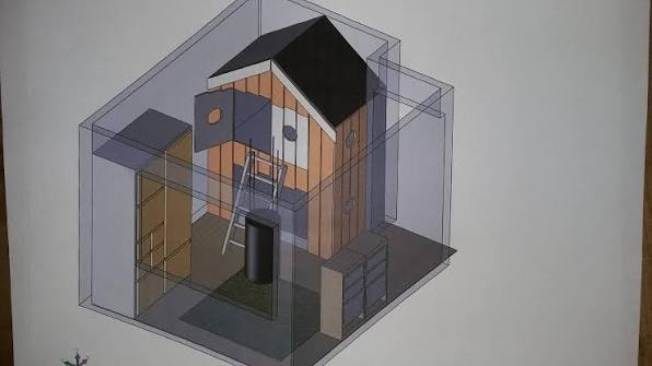 3D-tekening van een jongenskamer met een boomhut erin